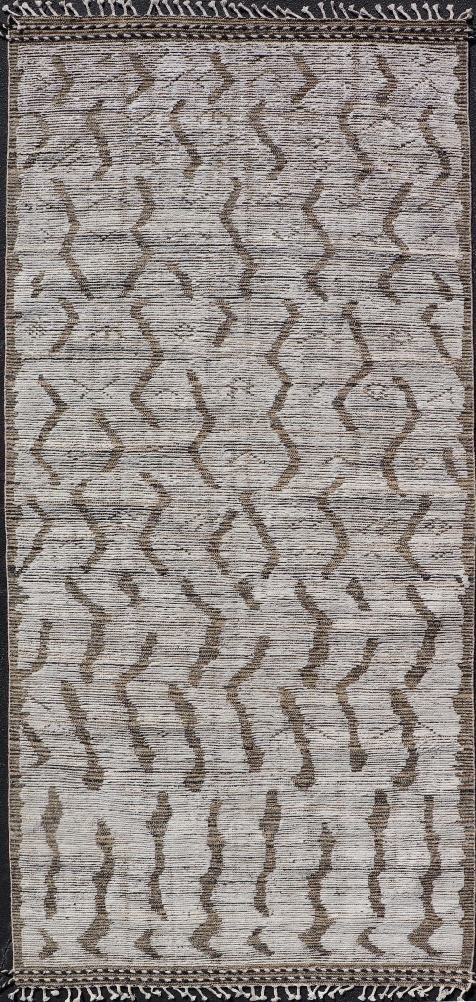 Modern Moroccan Gallery Rug in Wool with Abstract Design in Black, Gold, Cream. Keivan Woven Arts; rug MSE - 11264, country of origin / type: Afghanistan / Modern Casual, circa Early - 21th Century. Measures: 5'10 x 12'8 This modern casual tribal ru... - Keivan Woven ArtsMSE - 11264 - 25600Rug