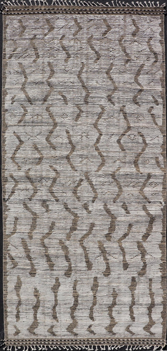 Modern Moroccan Gallery Rug in Wool with Abstract Design in Black, Gold, Cream. Keivan Woven Arts; rug MSE - 11264, country of origin / type: Afghanistan / Modern Casual, circa Early - 21th Century. Measures: 5'10 x 12'8 This modern casual tribal ru... - Keivan Woven ArtsMSE - 11264 - 25600Rug