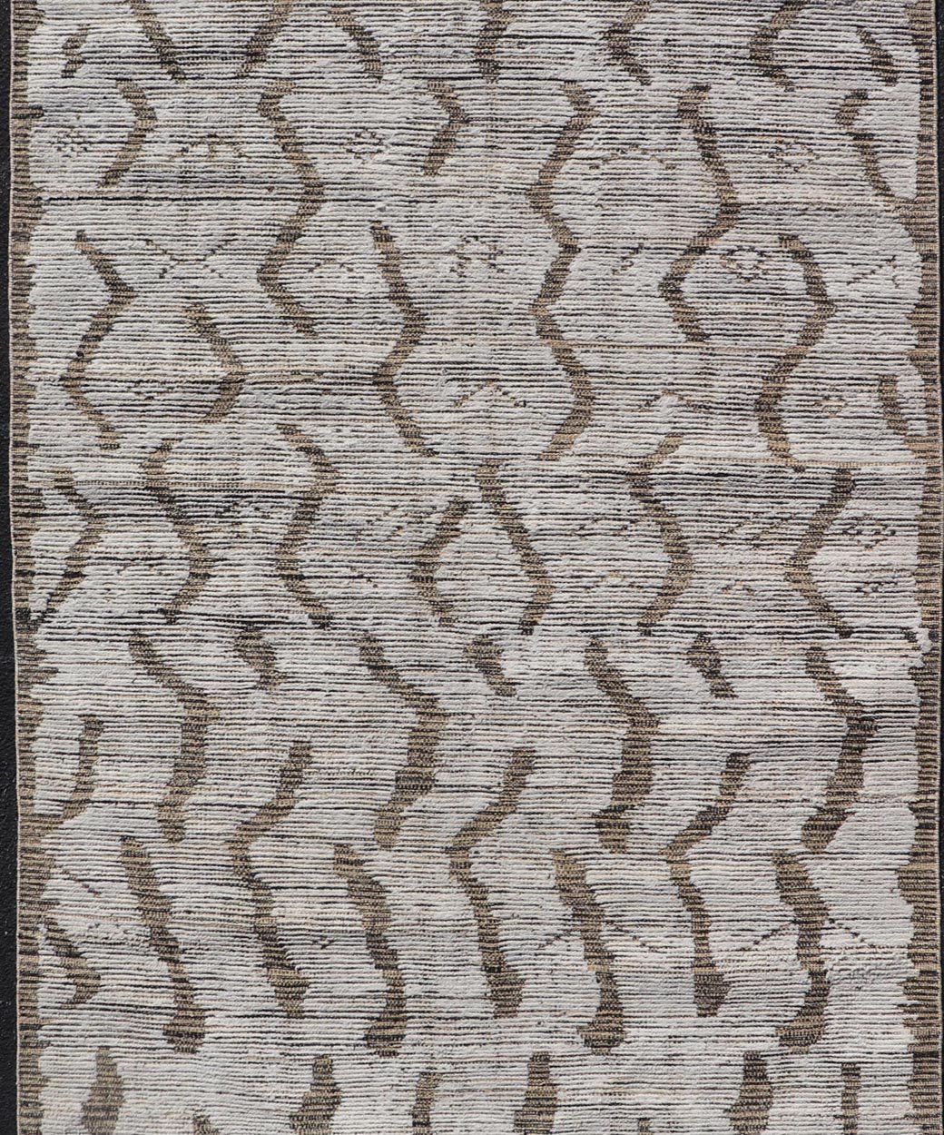 Modern Moroccan Gallery Rug in Wool with Abstract Design in Black, Gold, Cream. Keivan Woven Arts; rug MSE - 11264, country of origin / type: Afghanistan / Modern Casual, circa Early - 21th Century. Measures: 5'10 x 12'8 This modern casual tribal ru... - Keivan Woven ArtsMSE - 11264 - 25600Rug
