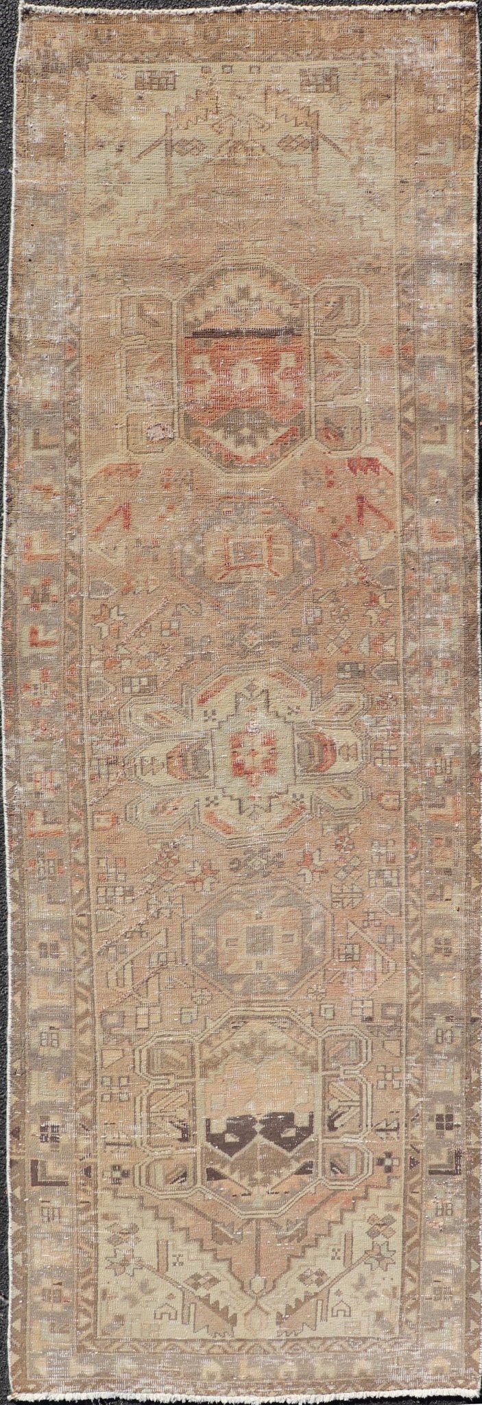 Vintage Persian Heriz by Keivan Woven Arts Distressed Runner in Earthy Tones With Medallion Design. Keivan Woven Arts / rug MSE - 1229, country of origin / type: Iran / Heriz, circa 1960. Measures: 3'4 x 10'4 This vintage Persian Heriz carpet fea... - Keivan Woven ArtsMSE - 1229 - 25539Rug