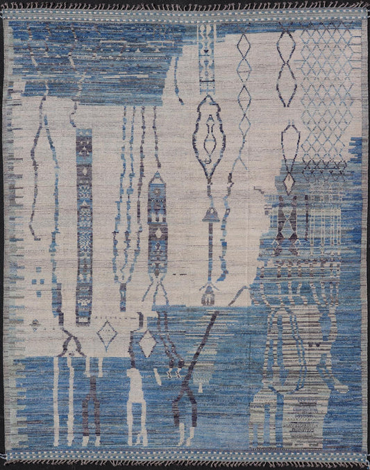 Large Afghan Modern Contemporary Abstract Rug in White and Shades of Blue. Keivan Woven Arts; rug MSE - 12378 Country of Origin: Afghanistan Type: Modern Casual Design: Abstract, Geometric, Contemporary. Measures: 12'6 x 15'6 This piece has uniqu... - Keivan Woven ArtsMSE - 12378 - 24946Rug