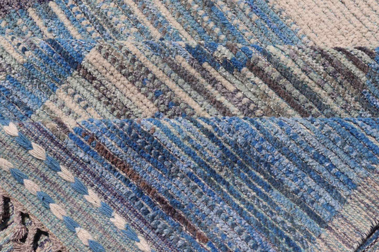 Large Afghan Modern Contemporary Abstract Rug in White and Shades of Blue. Keivan Woven Arts; rug MSE - 12378 Country of Origin: Afghanistan Type: Modern Casual Design: Abstract, Geometric, Contemporary. Measures: 12'6 x 15'6 This piece has uniqu... - Keivan Woven ArtsMSE - 12378 - 24946Rug