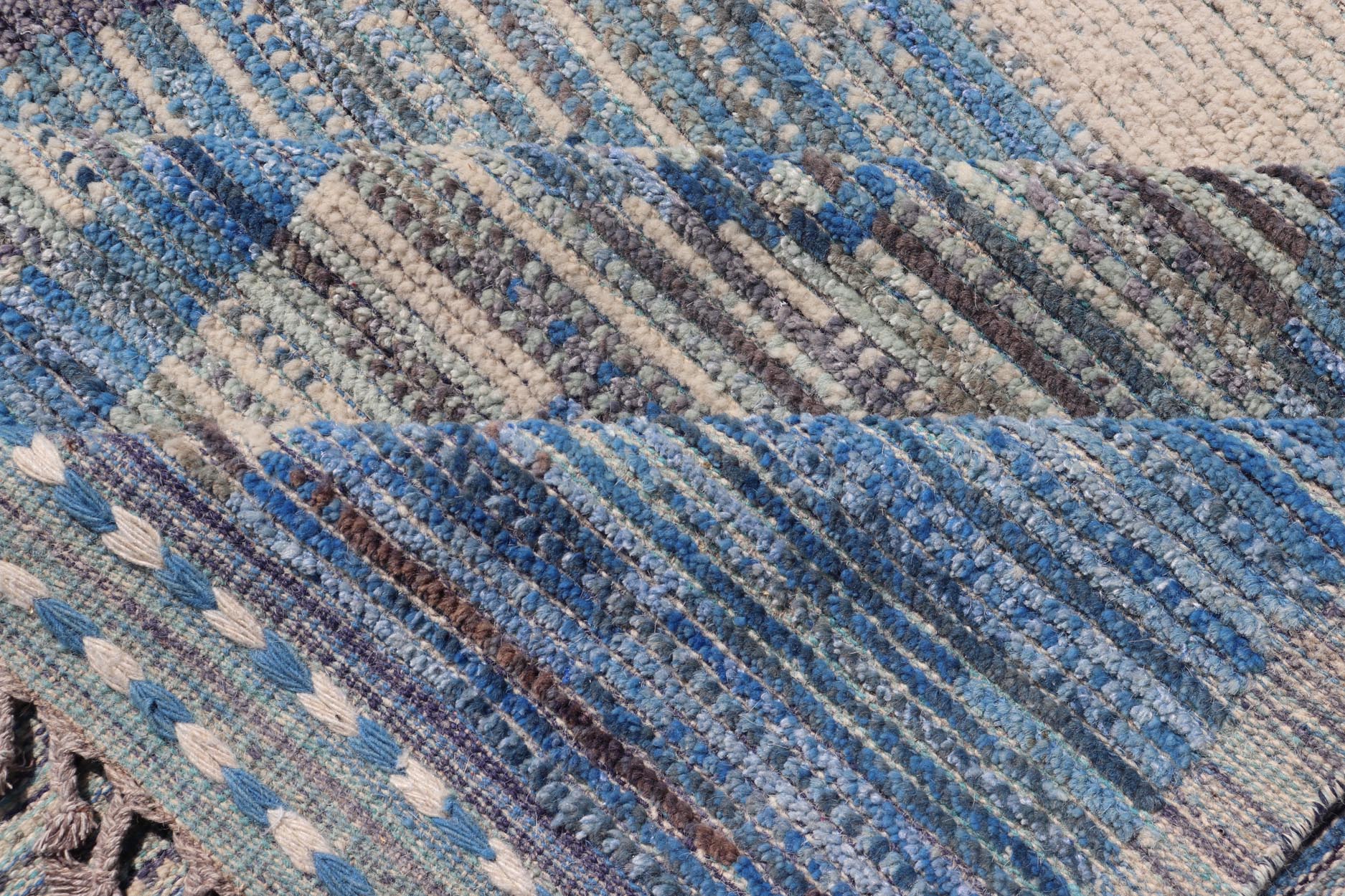 Large Afghan Modern Contemporary Abstract Rug in White and Shades of Blue. Keivan Woven Arts; rug MSE - 12378 Country of Origin: Afghanistan Type: Modern Casual Design: Abstract, Geometric, Contemporary. Measures: 12'6 x 15'6 This piece has uniqu... - Keivan Woven ArtsMSE - 12378 - 24946Rug