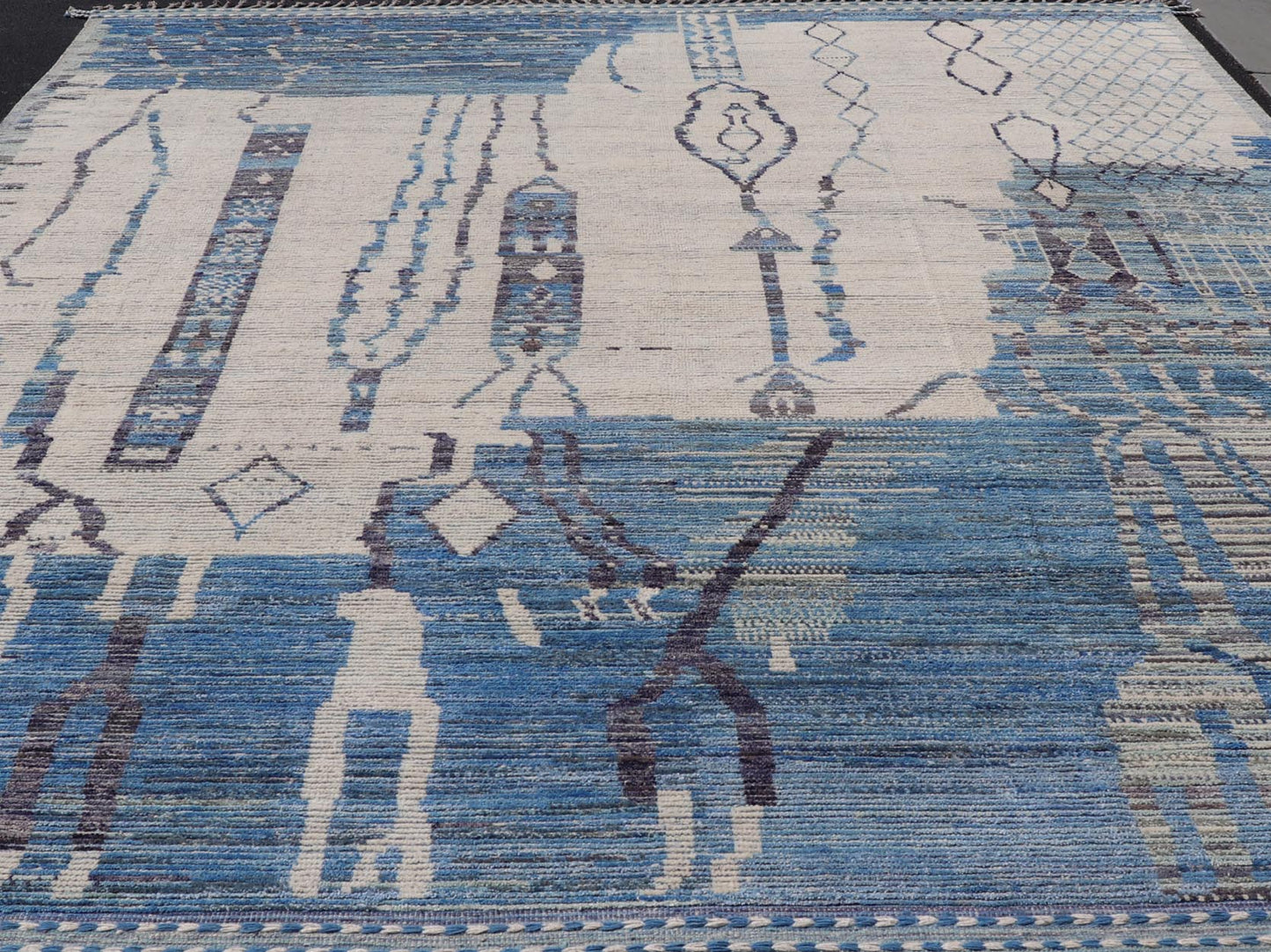 Large Afghan Modern Contemporary Abstract Rug in White and Shades of Blue. Keivan Woven Arts; rug MSE - 12378 Country of Origin: Afghanistan Type: Modern Casual Design: Abstract, Geometric, Contemporary. Measures: 12'6 x 15'6 This piece has uniqu... - Keivan Woven ArtsMSE - 12378 - 24946Rug
