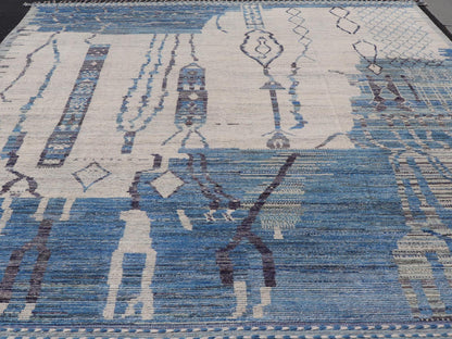 Large Afghan Modern Contemporary Abstract Rug in White and Shades of Blue. Keivan Woven Arts; rug MSE - 12378 Country of Origin: Afghanistan Type: Modern Casual Design: Abstract, Geometric, Contemporary. Measures: 12'6 x 15'6 This piece has uniqu... - Keivan Woven ArtsMSE - 12378 - 24946Rug