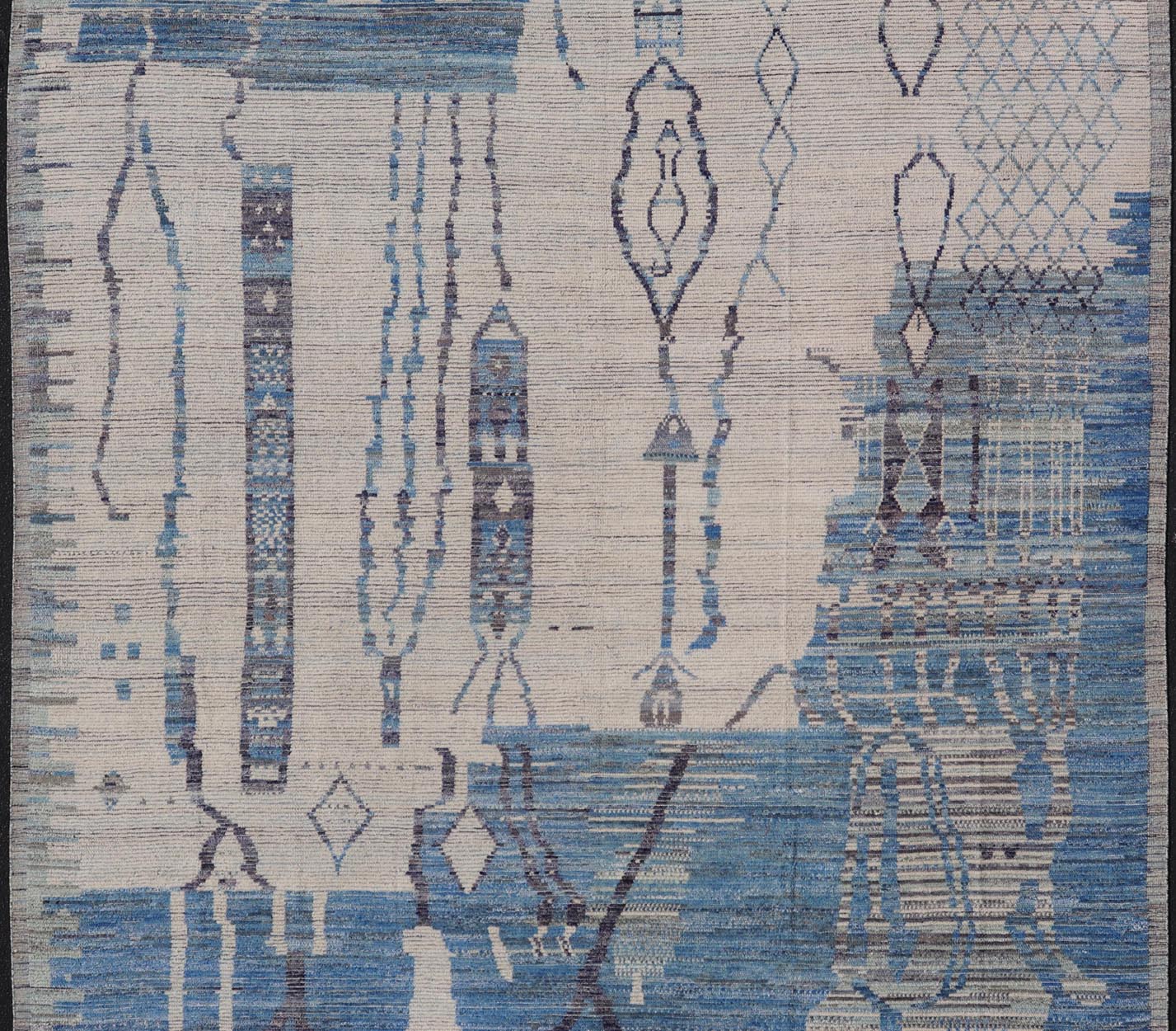 Large Afghan Modern Contemporary Abstract Rug in White and Shades of Blue. Keivan Woven Arts; rug MSE - 12378 Country of Origin: Afghanistan Type: Modern Casual Design: Abstract, Geometric, Contemporary. Measures: 12'6 x 15'6 This piece has uniqu... - Keivan Woven ArtsMSE - 12378 - 24946Rug