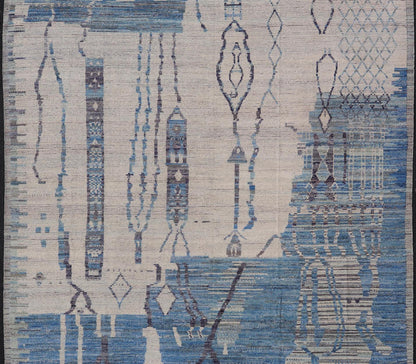 Large Afghan Modern Contemporary Abstract Rug in White and Shades of Blue. Keivan Woven Arts; rug MSE - 12378 Country of Origin: Afghanistan Type: Modern Casual Design: Abstract, Geometric, Contemporary. Measures: 12'6 x 15'6 This piece has uniqu... - Keivan Woven ArtsMSE - 12378 - 24946Rug