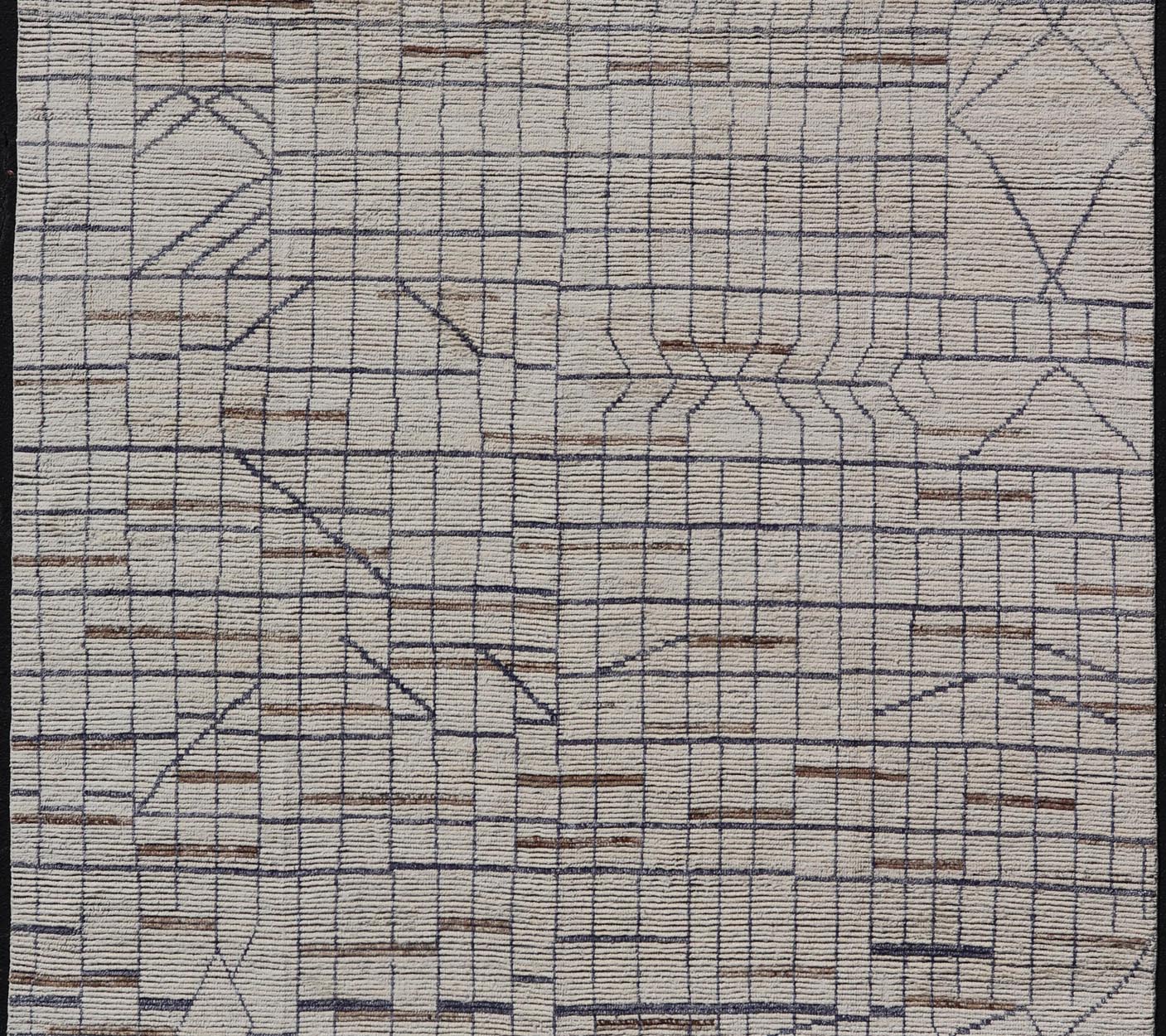 Modern Moroccan Rug in Neutral Tones with Subdued Design with Pops of Blue. Keivan Woven Arts / rug MSE - 12575, country of origin / type: Afghanistan / Rug Early 21st Century. Measures: 9'10 x 14'1 The subdued design of this rug makes it perfect... - Keivan Woven ArtsMSE - 12575 - 25395Rug
