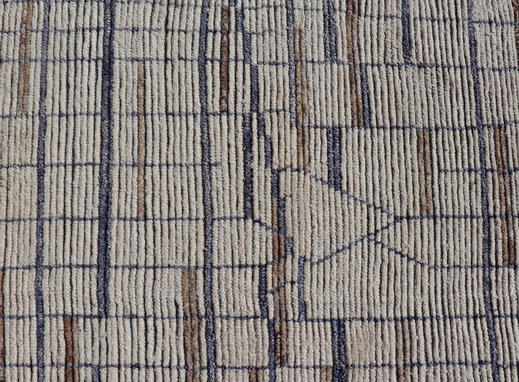 Modern Moroccan Rug in Neutral Tones with Subdued Design with Pops of Blue. Keivan Woven Arts / rug MSE - 12575, country of origin / type: Afghanistan / Rug Early 21st Century. Measures: 9'10 x 14'1 The subdued design of this rug makes it perfect... - Keivan Woven ArtsMSE - 12575 - 25395Rug