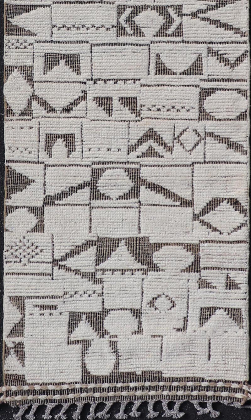 Tribal Geometric Hand Knotted Modern Afghanistan Runner in Brown's and Cream. Keivan Woven Arts / rug MSE - 12593, country of origin / type: Afghanistan / Kilim, condition: new. Measures: 2'5 x 10'5 This brand new rug features a modern abstract d... - Keivan Woven ArtsMSE - 12593 - 25401Rug
