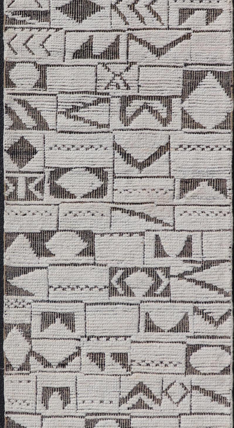 Tribal Geometric Hand Knotted Modern Afghanistan Runner in Brown's and Cream. Keivan Woven Arts / rug MSE - 12593, country of origin / type: Afghanistan / Kilim, condition: new. Measures: 2'5 x 10'5 This brand new rug features a modern abstract d... - Keivan Woven ArtsMSE - 12593 - 25401Rug