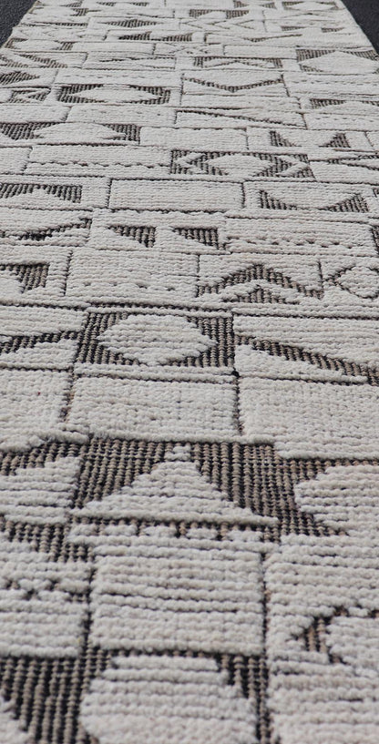 Tribal Geometric Hand Knotted Modern Afghanistan Runner in Brown's and Cream. Keivan Woven Arts / rug MSE - 12593, country of origin / type: Afghanistan / Kilim, condition: new. Measures: 2'5 x 10'5 This brand new rug features a modern abstract d... - Keivan Woven ArtsMSE - 12593 - 25401Rug
