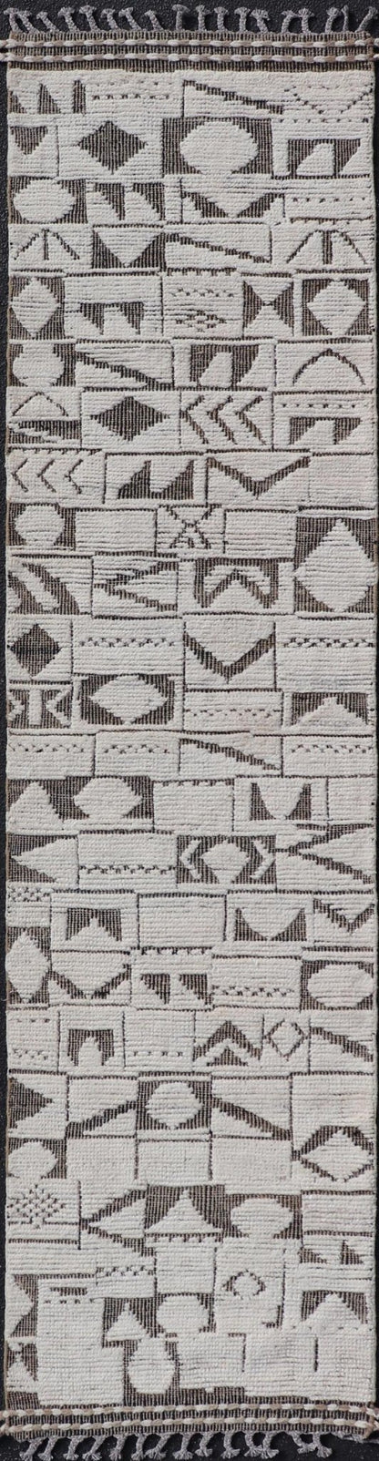 Tribal Geometric Hand Knotted Modern Afghanistan Runner in Brown's and Cream. Keivan Woven Arts / rug MSE - 12593, country of origin / type: Afghanistan / Kilim, condition: new. Measures: 2'5 x 10'5 This brand new rug features a modern abstract d... - Keivan Woven ArtsMSE - 12593 - 25401Rug