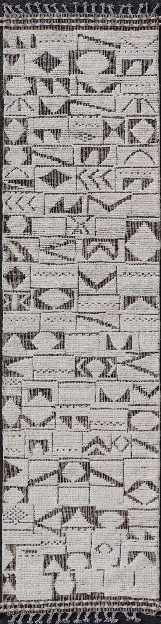 Tribal Geometric Hand Knotted Modern Afghanistan Runner in Brown's and Cream. Keivan Woven Arts / rug MSE - 12593, country of origin / type: Afghanistan / Kilim, condition: new. Measures: 2'5 x 10'5 This brand new rug features a modern abstract d... - Keivan Woven ArtsMSE - 12593 - 25401Rug