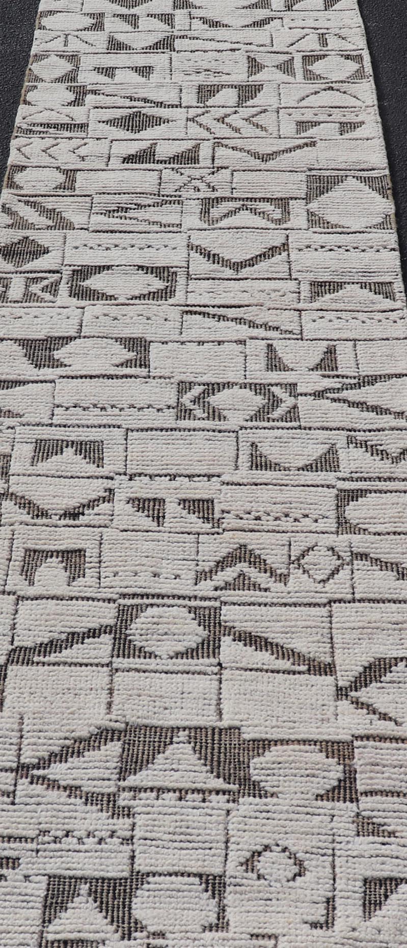 Tribal Geometric Hand Knotted Modern Afghanistan Runner in Brown's and Cream. Keivan Woven Arts / rug MSE - 12593, country of origin / type: Afghanistan / Kilim, condition: new. Measures: 2'5 x 10'5 This brand new rug features a modern abstract d... - Keivan Woven ArtsMSE - 12593 - 25401Rug