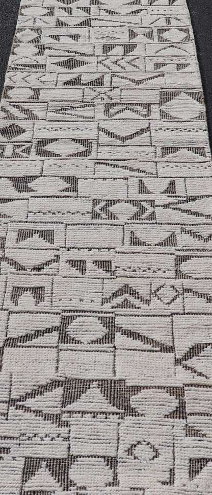 Tribal Geometric Hand Knotted Modern Afghanistan Runner in Brown's and Cream. Keivan Woven Arts / rug MSE - 12593, country of origin / type: Afghanistan / Kilim, condition: new. Measures: 2'5 x 10'5 This brand new rug features a modern abstract d... - Keivan Woven ArtsMSE - 12593 - 25401Rug