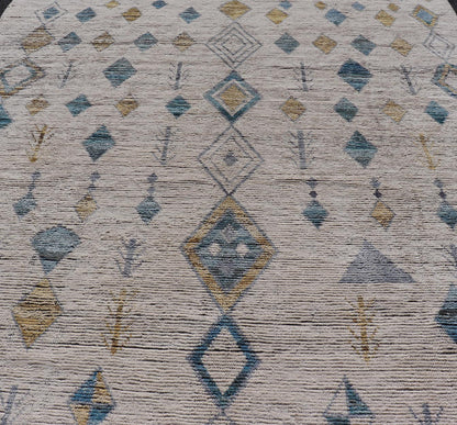 Modern Moroccan Rug in Wool with Sub - Geometric Tribal Diamond Design On Ivory. Keivan Woven Arts / rug MSE - 12748, country of origin / type: Afghanistan / Modern Casual, circa Early - 21th Century. Measures: 9'1 x 12'1 This modern casual Moroccan t... - Keivan Woven ArtsMSE - 12748 - 25431Rug