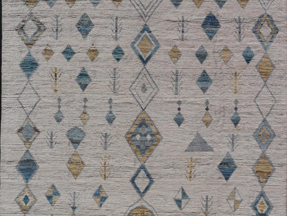 Modern Moroccan Rug in Wool with Sub - Geometric Tribal Diamond Design On Ivory. Keivan Woven Arts / rug MSE - 12748, country of origin / type: Afghanistan / Modern Casual, circa Early - 21th Century. Measures: 9'1 x 12'1 This modern casual Moroccan t... - Keivan Woven ArtsMSE - 12748 - 25431Rug
