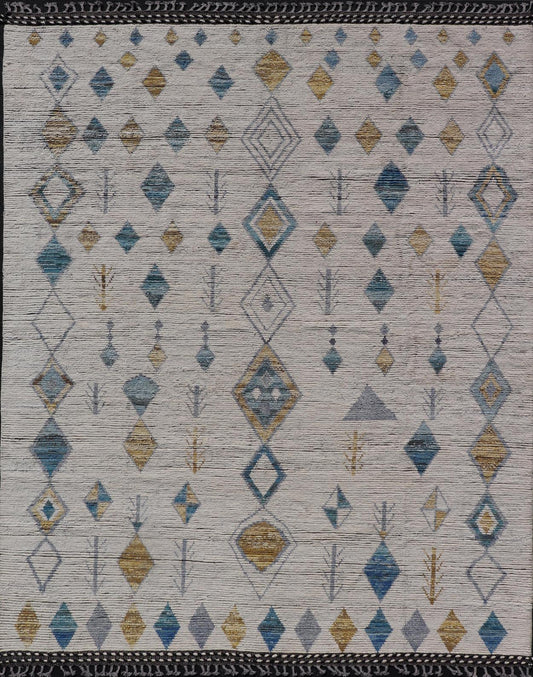 Modern Moroccan Rug in Wool with Sub - Geometric Tribal Diamond Design On Ivory. Keivan Woven Arts / rug MSE - 12748, country of origin / type: Afghanistan / Modern Casual, circa Early - 21th Century. Measures: 9'1 x 12'1 This modern casual Moroccan t... - Keivan Woven ArtsMSE - 12748 - 25431Rug