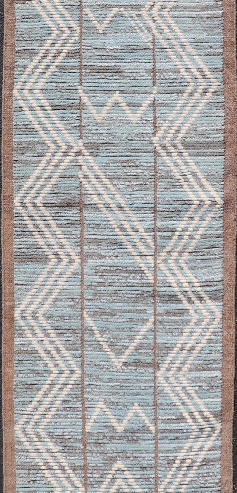 Modern Hand - Knotted Runner in Wool with Diamond Design With Teal, Ivory Tones. Keivan Woven Arts; rug MSE - 12769, country of origin / type: Afghanistan / Modern Casual, circa Early - 21th Century. Measures: 2'6 x 10'9 This modern casual tribal runn... - Keivan Woven ArtsMSE - 12769 - 25443Rug