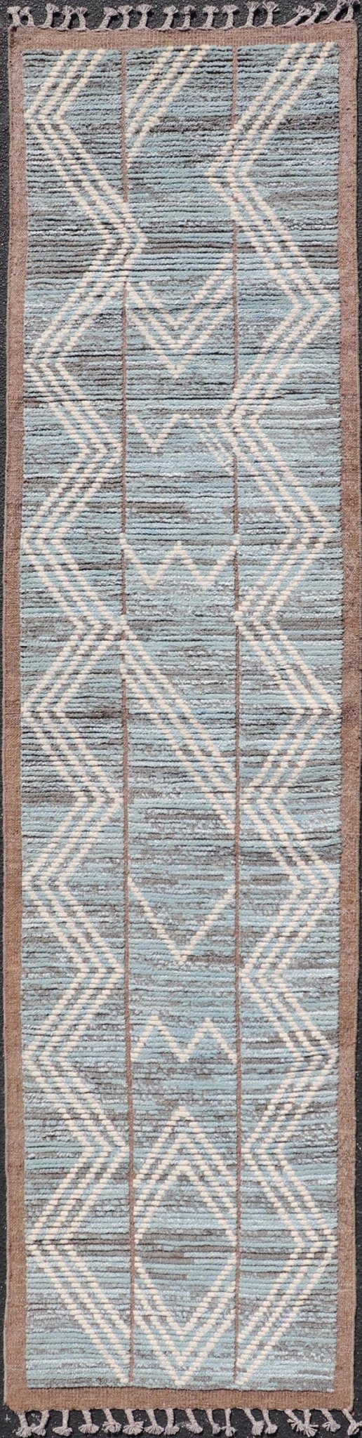 Modern Hand - Knotted Runner in Wool with Diamond Design With Teal, Ivory Tones. Keivan Woven Arts; rug MSE - 12769, country of origin / type: Afghanistan / Modern Casual, circa Early - 21th Century. Measures: 2'6 x 10'9 This modern casual tribal runn... - Keivan Woven ArtsMSE - 12769 - 25443Rug
