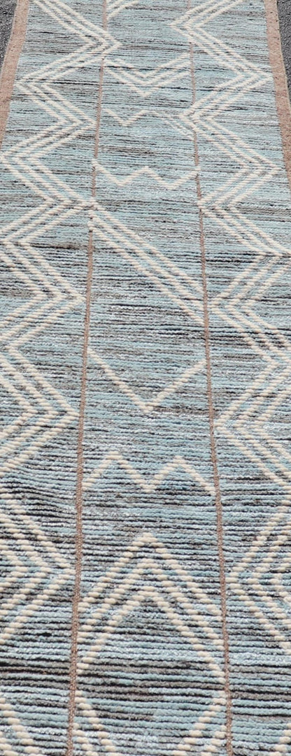 Modern Hand - Knotted Runner in Wool with Diamond Design With Teal, Ivory Tones. Keivan Woven Arts; rug MSE - 12769, country of origin / type: Afghanistan / Modern Casual, circa Early - 21th Century. Measures: 2'6 x 10'9 This modern casual tribal runn... - Keivan Woven ArtsMSE - 12769 - 25443Rug