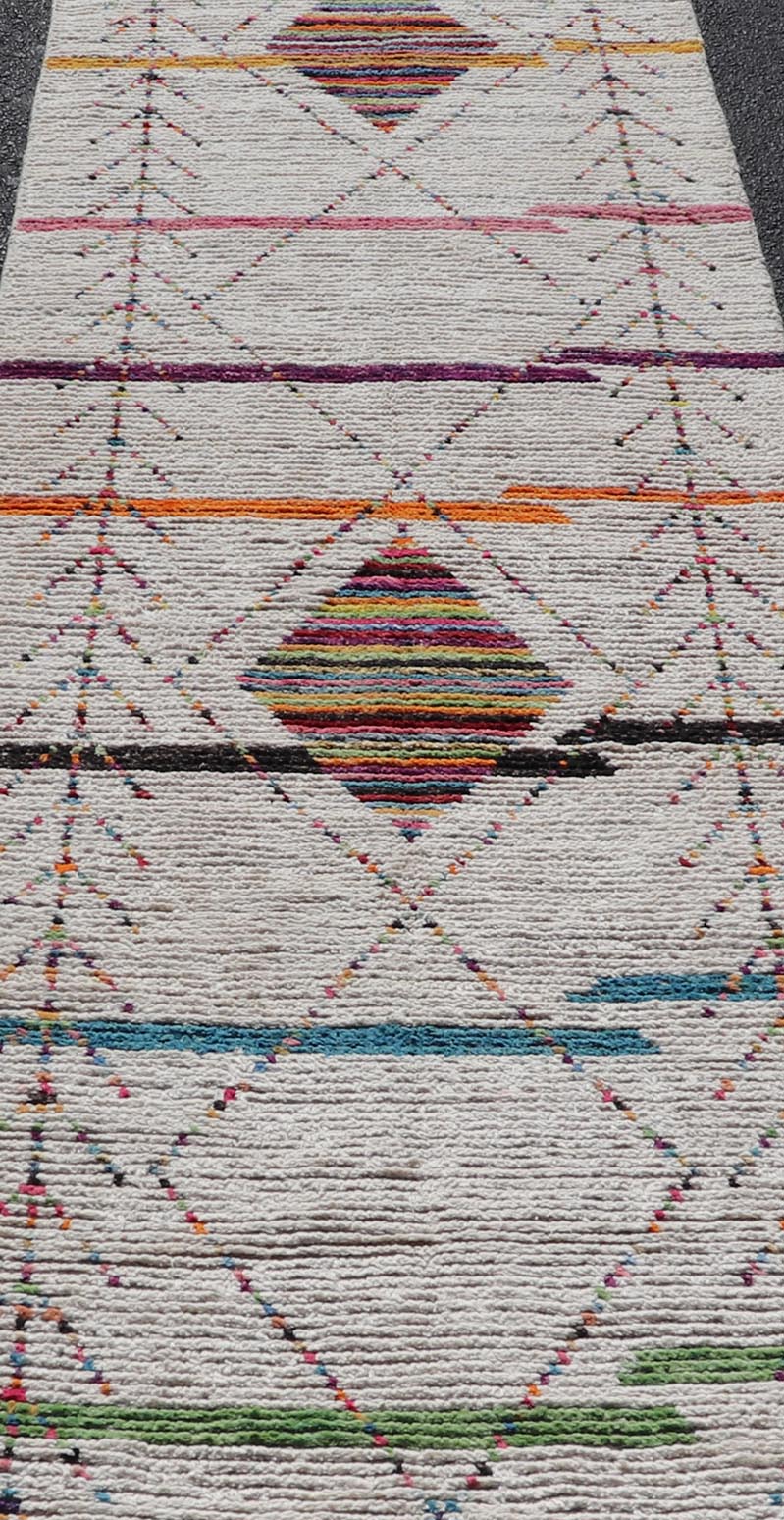 Tribal Moroccan Runner in Wool with Geometric Diamond Design On A Ivory Field. Keivan Woven Arts; rug MSE - 12787, country of origin / type: Afghanistan / Modern Casual, circa Early - 21th Century. Measures: 3'0 x 12'11 This modern casual tribal run... - Keivan Woven ArtsMSE - 12787 - 25449Rug