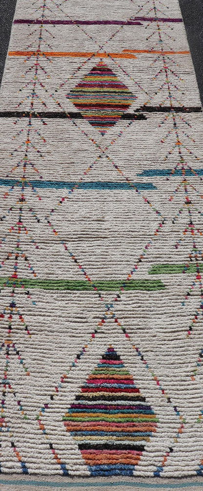 Tribal Moroccan Runner in Wool with Geometric Diamond Design On A Ivory Field. Keivan Woven Arts; rug MSE - 12787, country of origin / type: Afghanistan / Modern Casual, circa Early - 21th Century. Measures: 3'0 x 12'11 This modern casual tribal run... - Keivan Woven ArtsMSE - 12787 - 25449Rug
