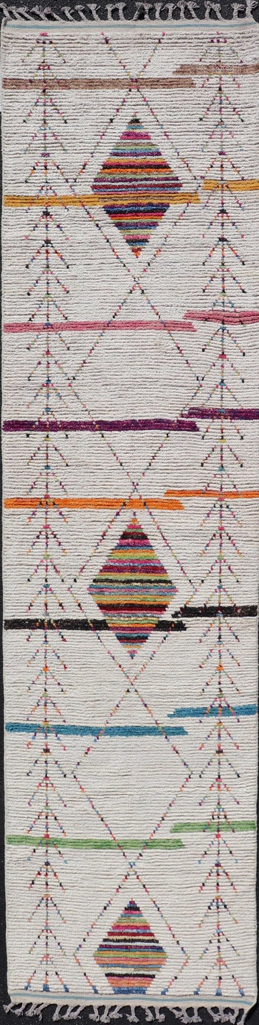 Tribal Moroccan Runner in Wool with Geometric Diamond Design On A Ivory Field. Keivan Woven Arts; rug MSE - 12787, country of origin / type: Afghanistan / Modern Casual, circa Early - 21th Century. Measures: 3'0 x 12'11 This modern casual tribal run... - Keivan Woven ArtsMSE - 12787 - 25449Rug
