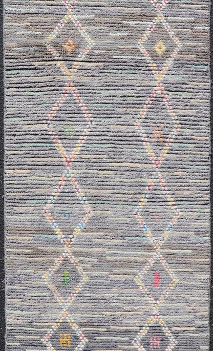 Modern Moroccan Tribal Designed Runner in Pastels Colors On A Grey Ground. Keivan Woven Arts; rug MSE - 12807 Country of Origin: Afghanistan Type: Modern Casual Design: All - Over, Tribal, Sub - Geometric. Measures: 2'5 x 8'4 This Moroccan beautiful ... - Keivan Woven ArtsMSE - 12807 - 25461Rug