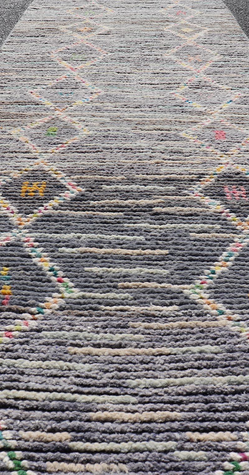 Modern Moroccan Tribal Designed Runner in Pastels Colors On A Grey Ground. Keivan Woven Arts; rug MSE - 12807 Country of Origin: Afghanistan Type: Modern Casual Design: All - Over, Tribal, Sub - Geometric. Measures: 2'5 x 8'4 This Moroccan beautiful ... - Keivan Woven ArtsMSE - 12807 - 25461Rug