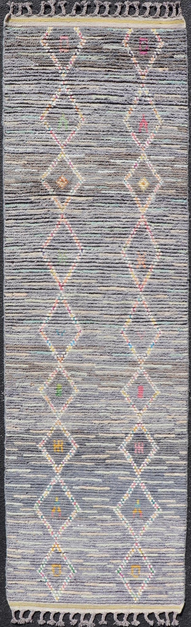 Modern Moroccan Tribal Designed Runner in Pastels Colors On A Grey Ground. Keivan Woven Arts; rug MSE - 12807 Country of Origin: Afghanistan Type: Modern Casual Design: All - Over, Tribal, Sub - Geometric. Measures: 2'5 x 8'4 This Moroccan beautiful ... - Keivan Woven ArtsMSE - 12807 - 25461Rug
