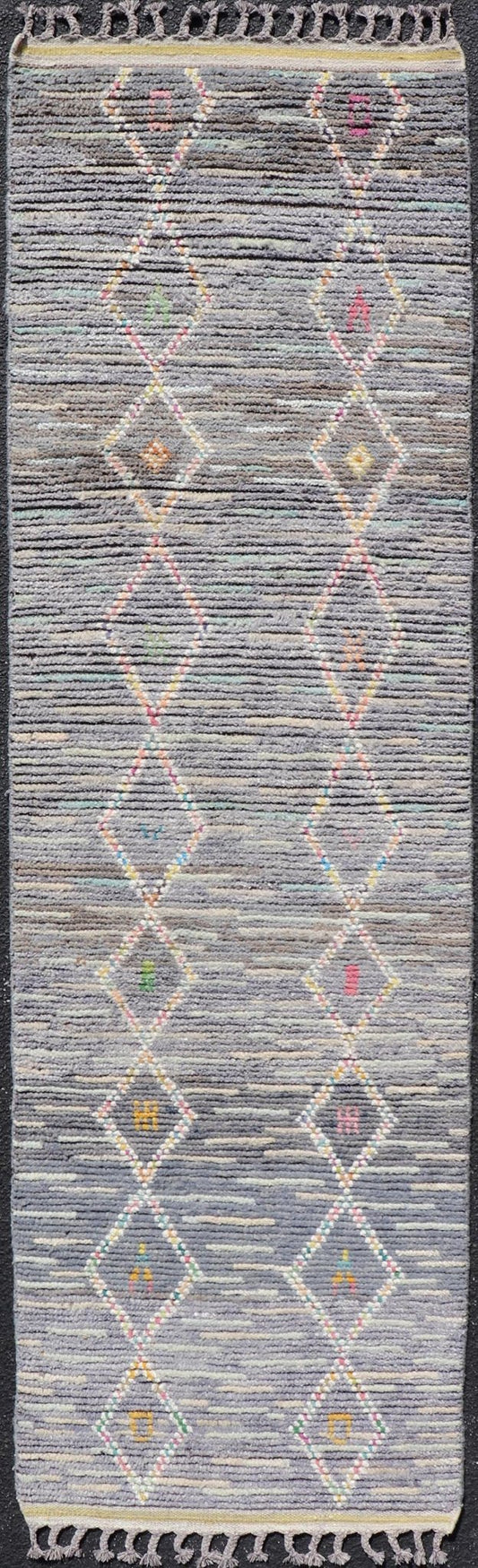 Modern Moroccan Tribal Designed Runner in Pastels Colors On A Grey Ground. Keivan Woven Arts; rug MSE - 12807 Country of Origin: Afghanistan Type: Modern Casual Design: All - Over, Tribal, Sub - Geometric. Measures: 2'5 x 8'4 This Moroccan beautiful ... - Keivan Woven ArtsMSE - 12807 - 25461