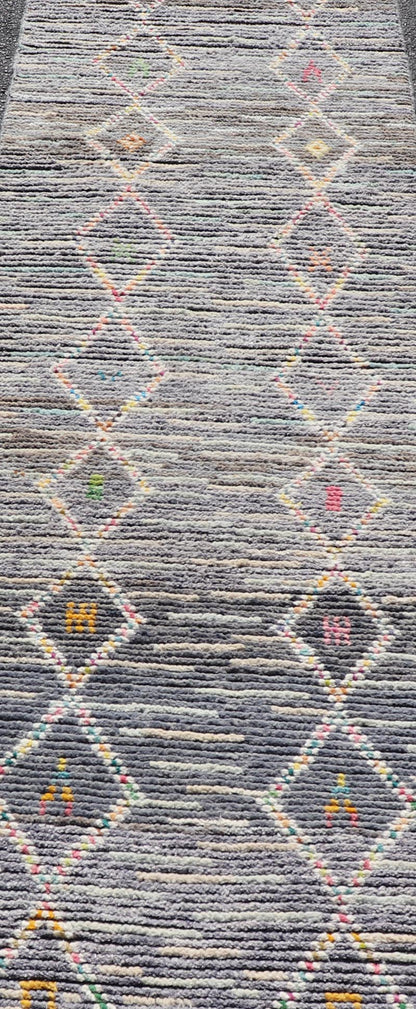 Modern Moroccan Tribal Designed Runner in Pastels Colors On A Grey Ground. Keivan Woven Arts; rug MSE - 12807 Country of Origin: Afghanistan Type: Modern Casual Design: All - Over, Tribal, Sub - Geometric. Measures: 2'5 x 8'4 This Moroccan beautiful ... - Keivan Woven ArtsMSE - 12807 - 25461Rug