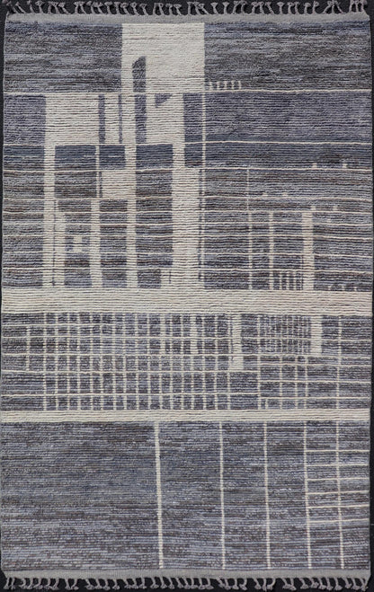 Modern Moroccan Contemporary Abstract Rug in White and Shades of Gray - Blue. Keivan Woven Arts; rug MSE - 12822 Country of Origin: Afghanistan Type: Modern Casual Design: Abstract, Geometric, Contemporary. Measures: 5'11 x 9'7 This piece has uniqu... - Keivan Woven ArtsMSE - 12822 - 25467Rug