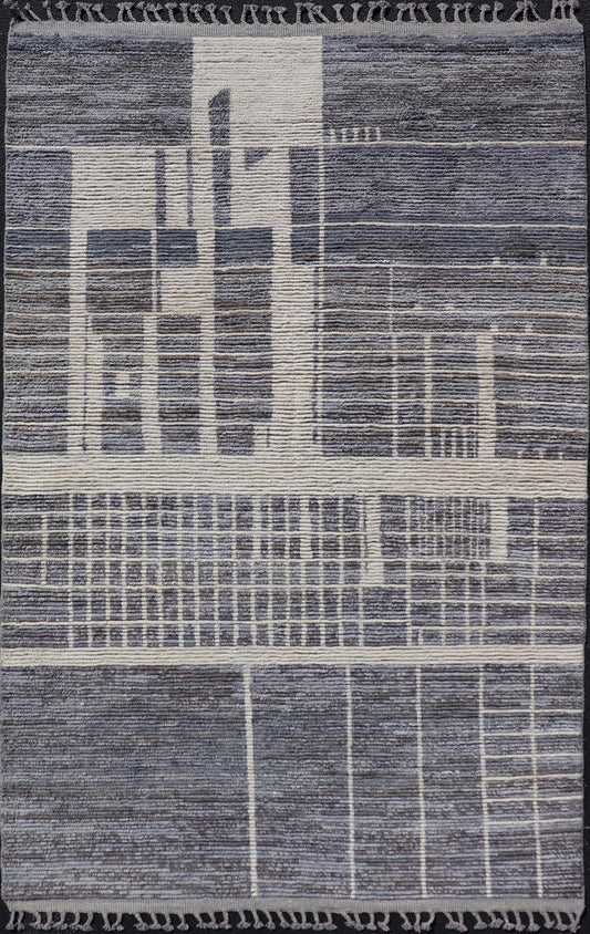 Modern Moroccan Contemporary Abstract Rug in White and Shades of Gray - Blue. Keivan Woven Arts; rug MSE - 12822 Country of Origin: Afghanistan Type: Modern Casual Design: Abstract, Geometric, Contemporary. Measures: 5'11 x 9'7 This piece has uniqu... - Keivan Woven ArtsMSE - 12822 - 25467Rug