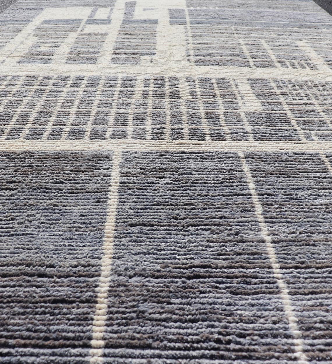 Modern Moroccan Contemporary Abstract Rug in White and Shades of Gray - Blue. Keivan Woven Arts; rug MSE - 12822 Country of Origin: Afghanistan Type: Modern Casual Design: Abstract, Geometric, Contemporary. Measures: 5'11 x 9'7 This piece has uniqu... - Keivan Woven ArtsMSE - 12822 - 25467Rug