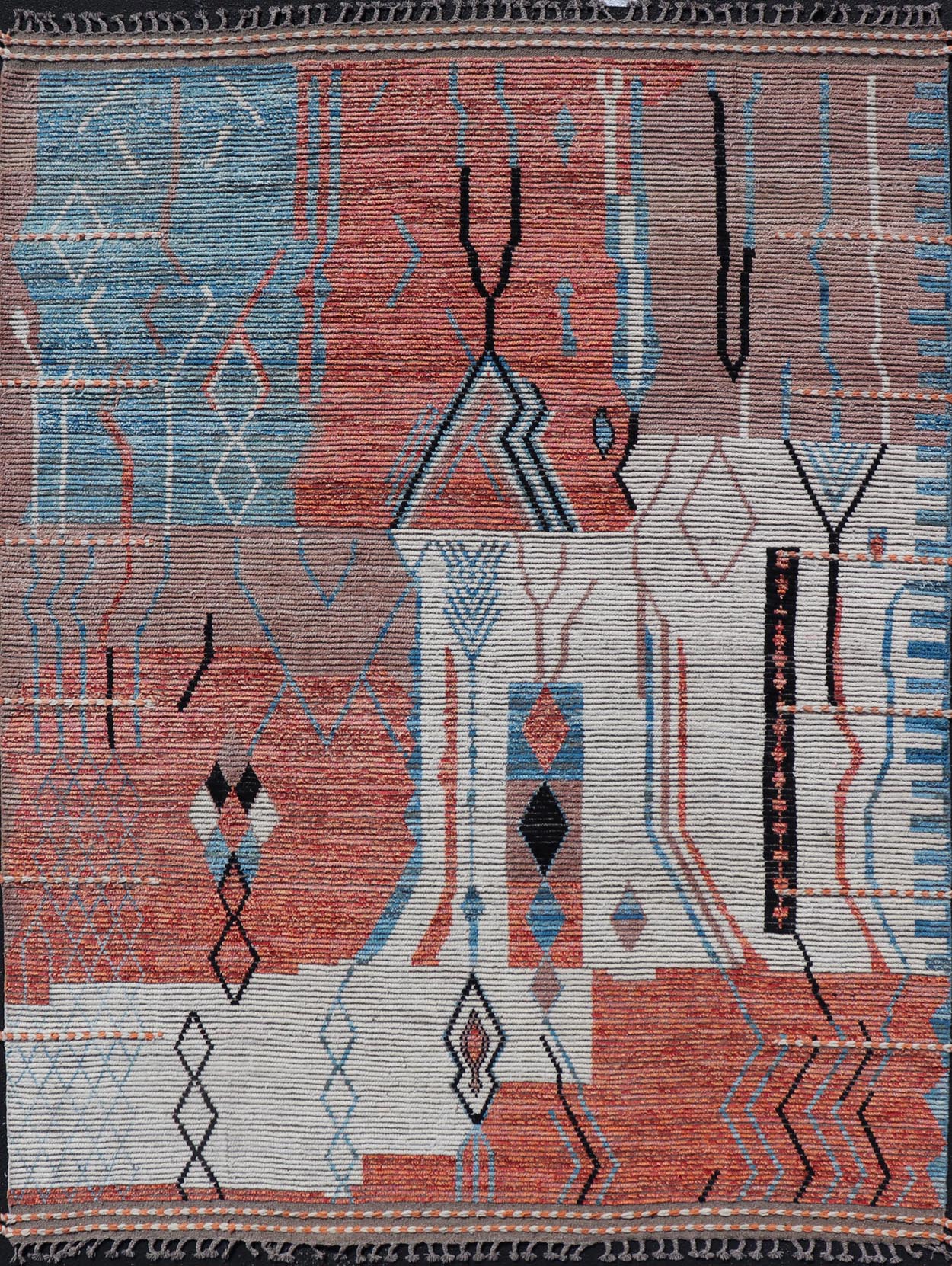 Modern Moroccan Rug With Abstract Design With Copper, Lt. Blue, and Ivory. Keivan Woven Arts; rug MSE - 12863, country of origin / type: Afghanistan / Modern Casual, circa early - 21th century. Measures: 8'3 x 11'0 Multicolor Moroccan Modern Rug has... - Keivan Woven ArtsMSE - 12863 - 25479Rug