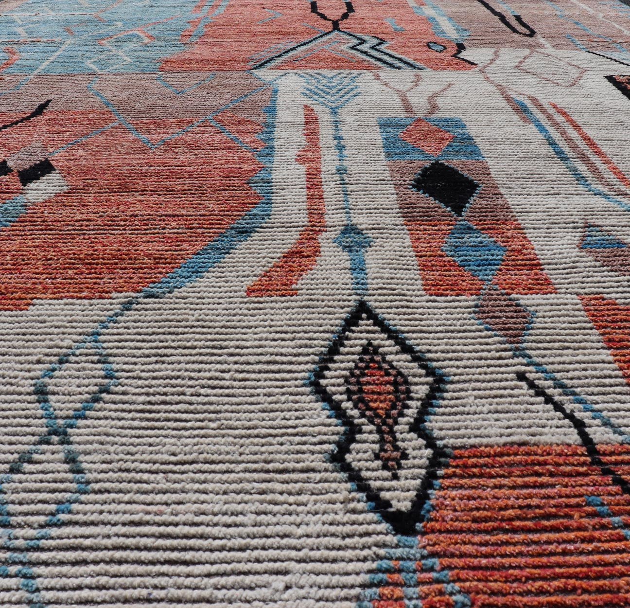 Modern Moroccan Rug With Abstract Design With Copper, Lt. Blue, and Ivory. Keivan Woven Arts; rug MSE - 12863, country of origin / type: Afghanistan / Modern Casual, circa early - 21th century. Measures: 8'3 x 11'0 Multicolor Moroccan Modern Rug has... - Keivan Woven ArtsMSE - 12863 - 25479Rug