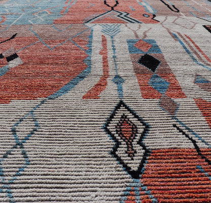 Modern Moroccan Rug With Abstract Design With Copper, Lt. Blue, and Ivory. Keivan Woven Arts; rug MSE - 12863, country of origin / type: Afghanistan / Modern Casual, circa early - 21th century. Measures: 8'3 x 11'0 Multicolor Moroccan Modern Rug has... - Keivan Woven ArtsMSE - 12863 - 25479Rug