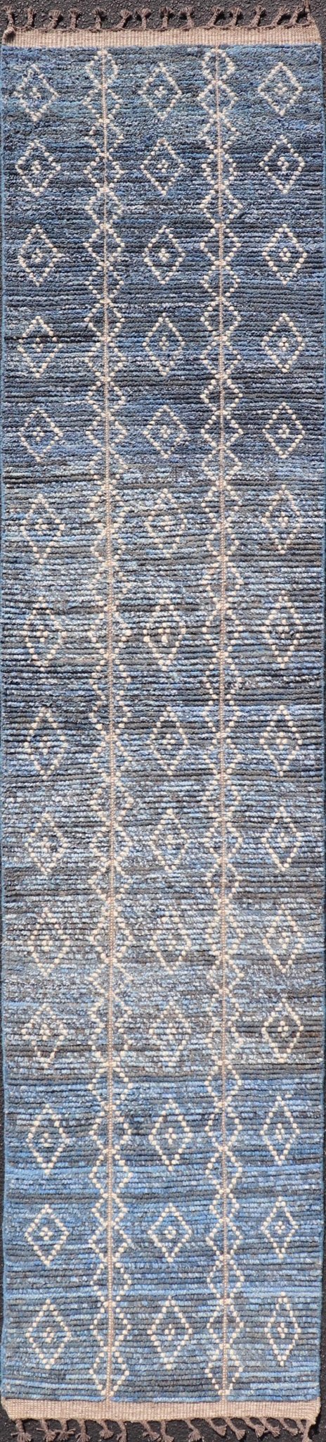 Modern Moroccan Runner by Keivan Woven Arts With Sub - Geometric Diamond Design in Blue and Ivory. Keivan Woven Arts; rug MSE - 12866, country of origin / type: Afghanistan / Modern Casual, circa Early - 21th Century. Measures: 2'4 x 11 The runner feat... - Keivan Woven ArtsMSE - 12866 - 25485Rug