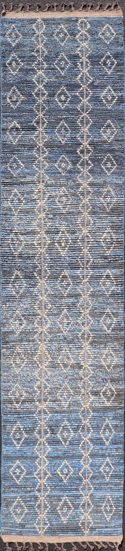 Modern Moroccan Runner by Keivan Woven Arts With Sub - Geometric Diamond Design in Blue and Ivory. Keivan Woven Arts; rug MSE - 12866, country of origin / type: Afghanistan / Modern Casual, circa Early - 21th Century. Measures: 2'4 x 11 The runner feat... - Keivan Woven ArtsMSE - 12866 - 25485Rug
