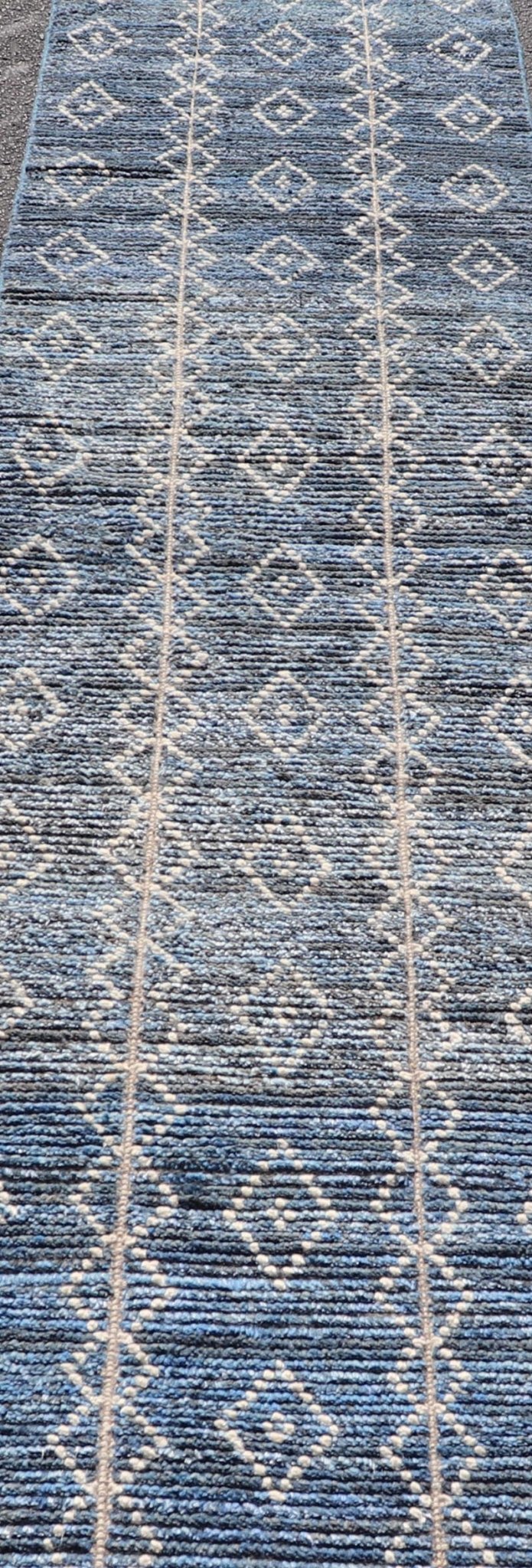 Modern Moroccan Runner by Keivan Woven Arts With Sub - Geometric Diamond Design in Blue and Ivory. Keivan Woven Arts; rug MSE - 12866, country of origin / type: Afghanistan / Modern Casual, circa Early - 21th Century. Measures: 2'4 x 11 The runner feat... - Keivan Woven ArtsMSE - 12866 - 25485Rug