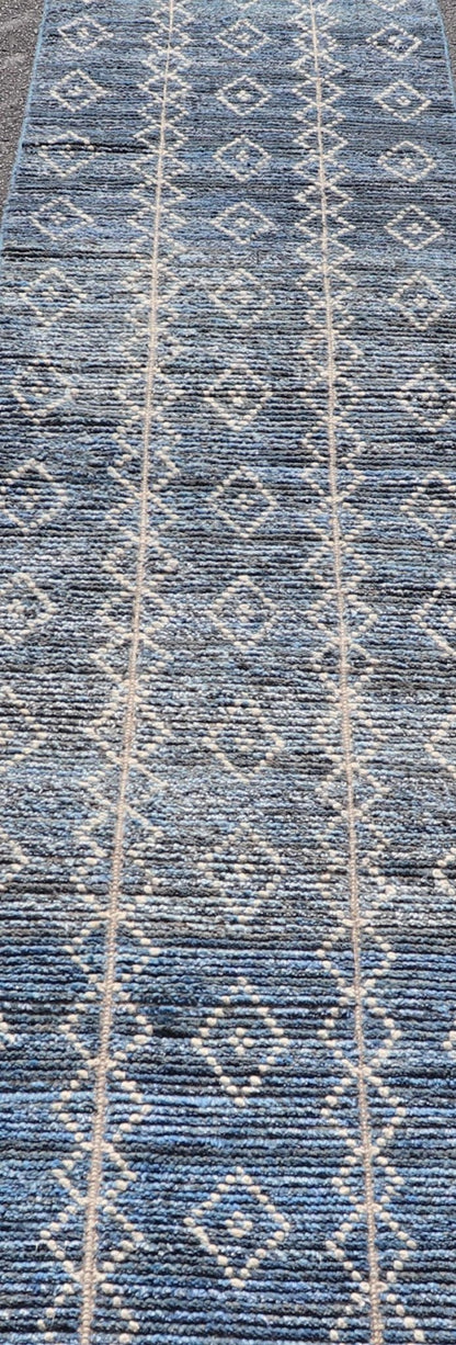 Modern Moroccan Runner by Keivan Woven Arts With Sub - Geometric Diamond Design in Blue and Ivory. Keivan Woven Arts; rug MSE - 12866, country of origin / type: Afghanistan / Modern Casual, circa Early - 21th Century. Measures: 2'4 x 11 The runner feat... - Keivan Woven ArtsMSE - 12866 - 25485Rug