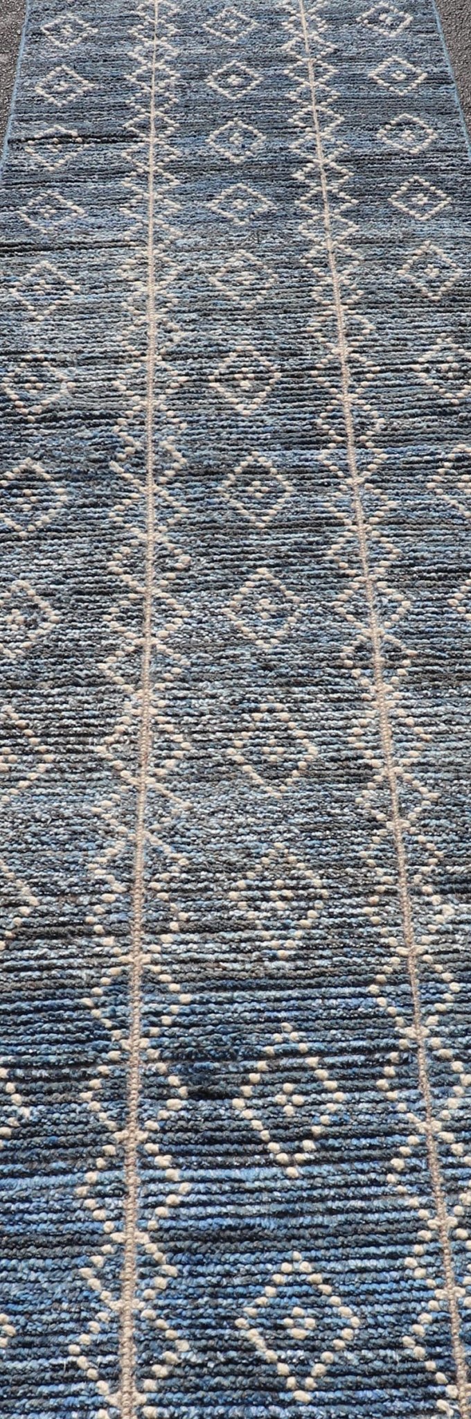 Modern Moroccan Runner by Keivan Woven Arts With Sub - Geometric Diamond Design in Blue and Ivory. Keivan Woven Arts; rug MSE - 12866, country of origin / type: Afghanistan / Modern Casual, circa Early - 21th Century. Measures: 2'4 x 11 The runner feat... - Keivan Woven ArtsMSE - 12866 - 25485Rug