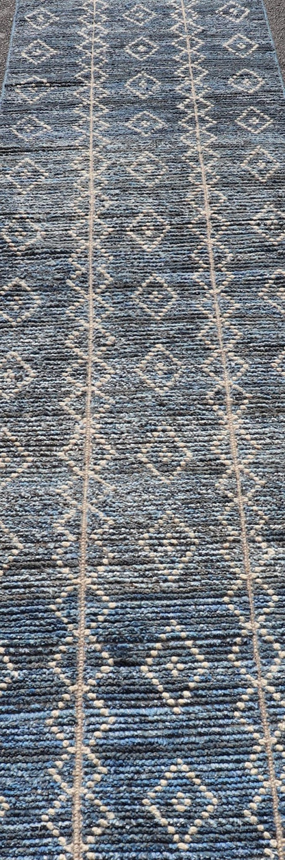 Modern Moroccan Runner by Keivan Woven Arts With Sub - Geometric Diamond Design in Blue and Ivory. Keivan Woven Arts; rug MSE - 12866, country of origin / type: Afghanistan / Modern Casual, circa Early - 21th Century. Measures: 2'4 x 11 The runner feat... - Keivan Woven ArtsMSE - 12866 - 25485Rug