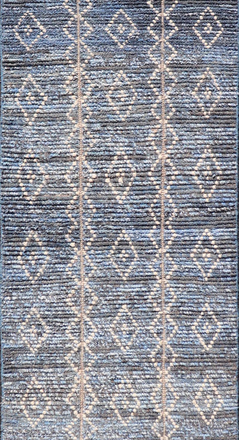 Modern Moroccan Runner by Keivan Woven Arts With Sub - Geometric Diamond Design in Blue and Ivory. Keivan Woven Arts; rug MSE - 12866, country of origin / type: Afghanistan / Modern Casual, circa Early - 21th Century. Measures: 2'4 x 11 The runner feat... - Keivan Woven ArtsMSE - 12866 - 25485Rug