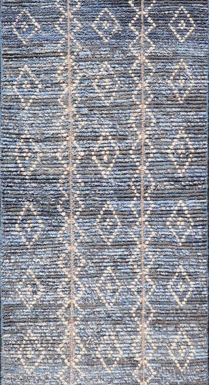Modern Moroccan Runner by Keivan Woven Arts With Sub - Geometric Diamond Design in Blue and Ivory. Keivan Woven Arts; rug MSE - 12866, country of origin / type: Afghanistan / Modern Casual, circa Early - 21th Century. Measures: 2'4 x 11 The runner feat... - Keivan Woven ArtsMSE - 12866 - 25485Rug