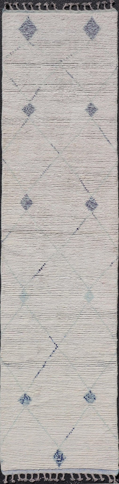 Moroccan Runner with Sub - Geometric Diamond Design With Ivory and Blue Design. Keivan Woven Arts; rug MSE - 12895, country of origin / type: Afghanistan / Modern Casual, circa Early - 21th Century. Measures: 2'5 x 10'5 This modern casual tribal rug h... - Keivan Woven ArtsMSE - 12895 - 25497Rug