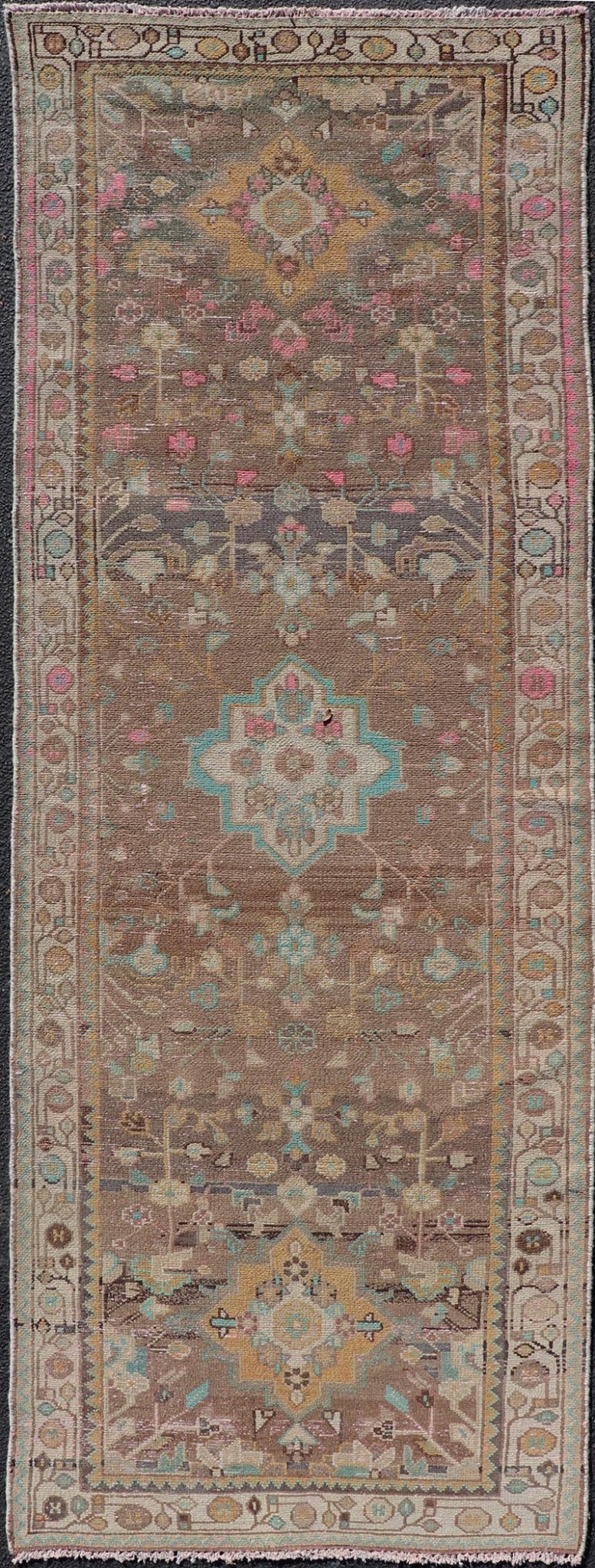 Persian Vintage Hamadan Runner With Medallions Set On A Tan Field. Country of Origin: Iran; Type: Hamedan; Design: Floral, rug MSE - 1293. Persian Floral, All - Over; Keivan Woven Arts. Measures: 3'5 x 9'9 This vintage Persian runner features a palet... - Keivan Woven ArtsMSE - 1293 - 25527Rug